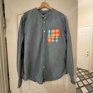 Palaka Patchwork Long Sleeve Buttoned Down Blue Shirt